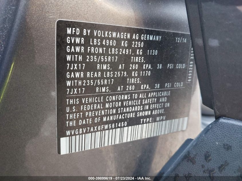 2015 Volkswagen Tiguan S/Se/Sel/R-Line VIN: WVGBV7AX6FW561450 Lot: 39899619
