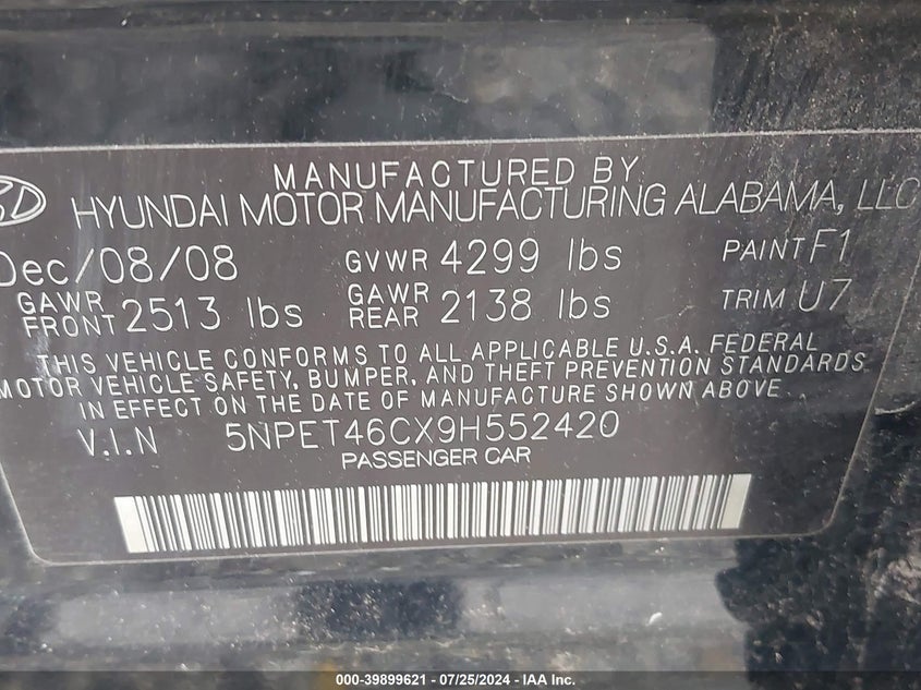 2009 Hyundai Sonata Gls VIN: 5NPET46CX9H552420 Lot: 39899621