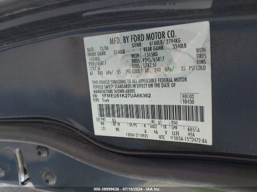 2007 Ford Explorer Sport Trac Xlt VIN: 1FMEU51K27UA66362 Lot: 39899626