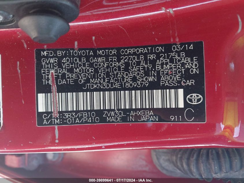 2014 Toyota Prius Two VIN: JTDKN3DU4E1809379 Lot: 39899641