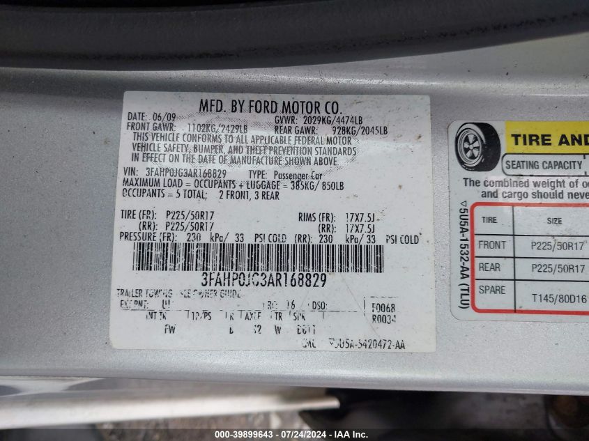 2010 Ford Fusion Sel VIN: 3FAHP0JG3AR168829 Lot: 39899643