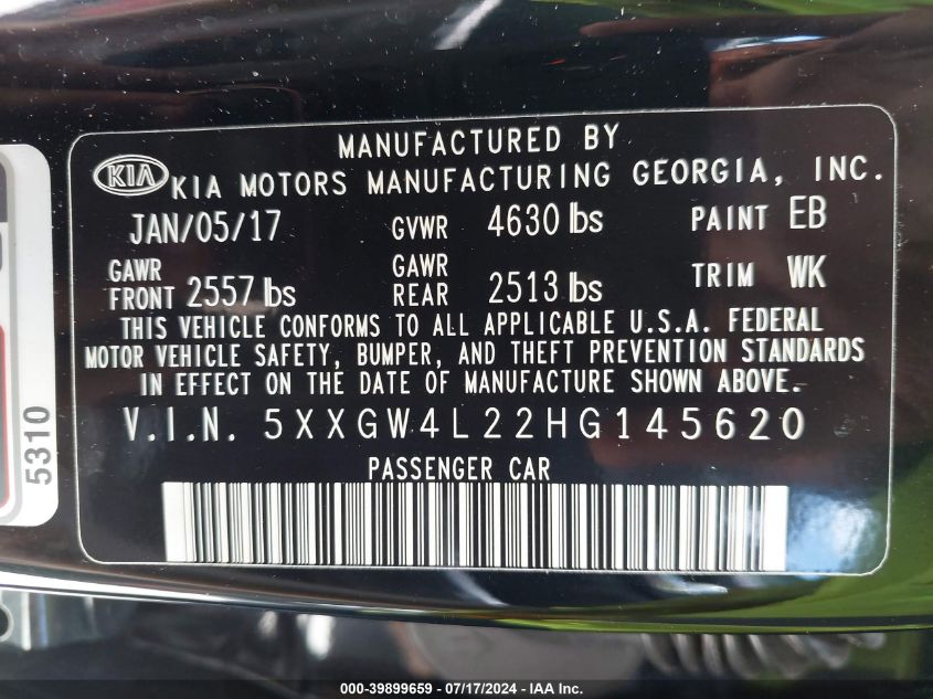 2017 Kia Optima Sx Turbo VIN: 5XXGW4L22HG145620 Lot: 39899659