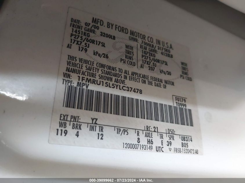 2000 Ford Expedition Xlt VIN: 1FMRU15L5YLC37478 Lot: 39899662