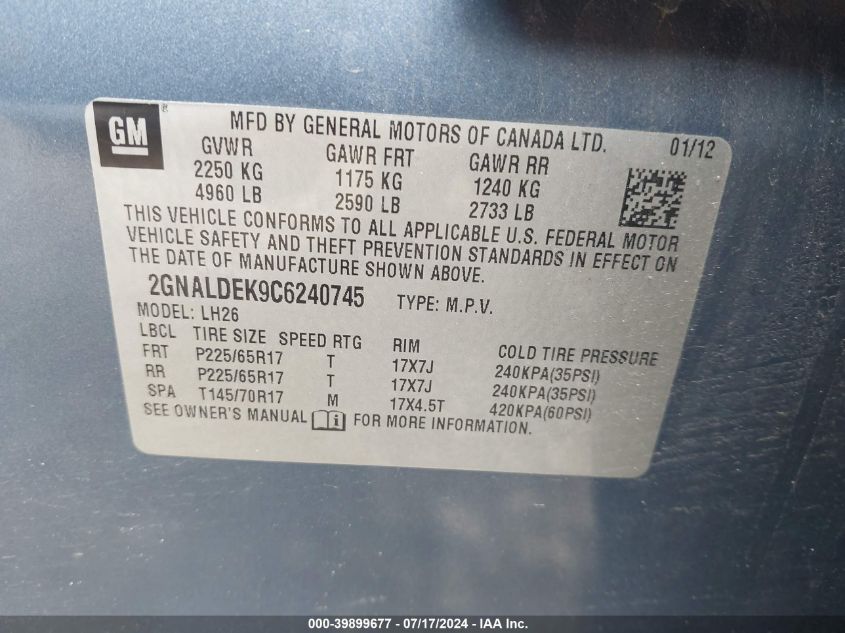 2012 Chevrolet Equinox 1Lt VIN: 2GNALDEK9C6240745 Lot: 39899677