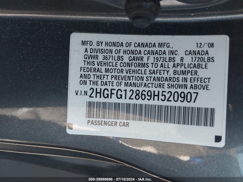 2009 Honda Civic Ex VIN: 2HGFG12869H520907 Lot: 39899696