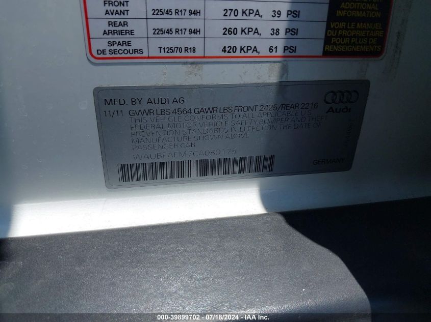 2012 Audi A3 2.0T Premium VIN: WAUBEAFM7CA080175 Lot: 39899702