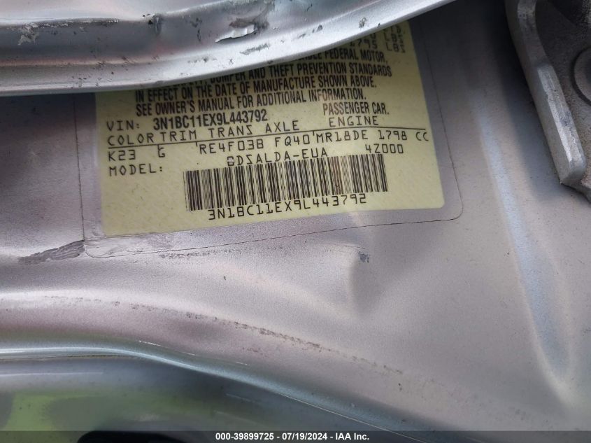 2009 Nissan Versa S/Sl VIN: 3N1BC11EX9L443792 Lot: 39899725