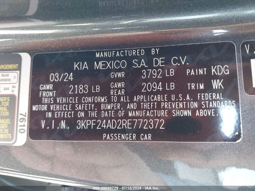 2024 Kia Forte Lxs VIN: 3KPF24AD2RE772372 Lot: 39899729