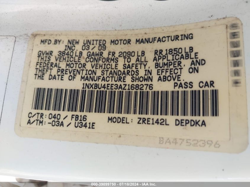 2010 Toyota Corolla S/Le/Xle VIN: 1NXBU4EE3AZ168276 Lot: 39899750