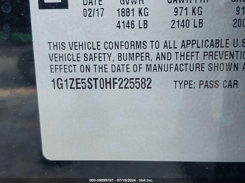 2017 Chevrolet Malibu 1Lt VIN: 1G1ZE5ST0HF225582 Lot: 39899767