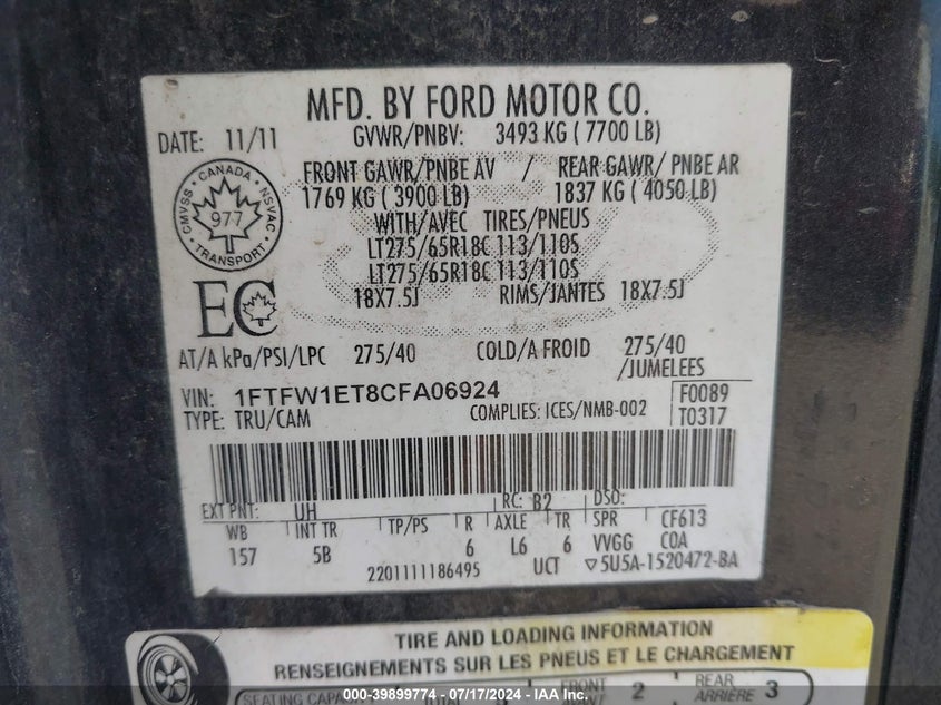 2012 Ford F-150 Fx4 VIN: 1FTFW1ET8CFA06924 Lot: 39899774