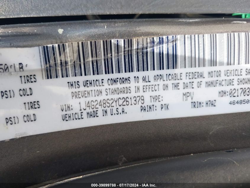 2000 Jeep Grand Cherokee Laredo VIN: 1J4G248S2YC261379 Lot: 39899788