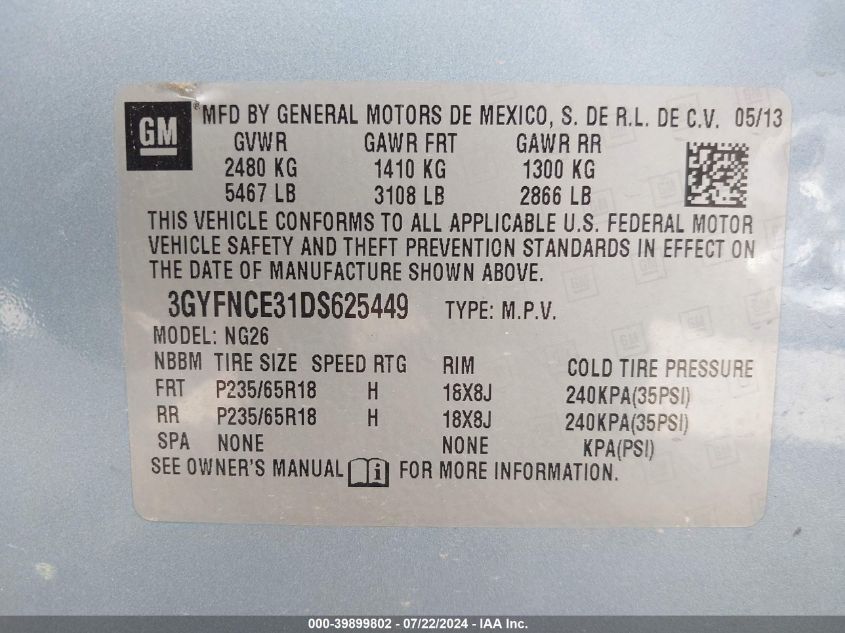 2013 Cadillac Srx Luxury Collection VIN: 3GYFNCE31DS625449 Lot: 39899802