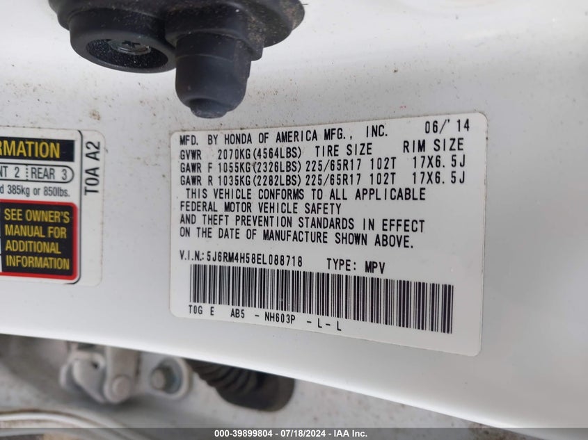 2014 Honda Cr-V Ex VIN: 5J6RM4H58EL088718 Lot: 39899804