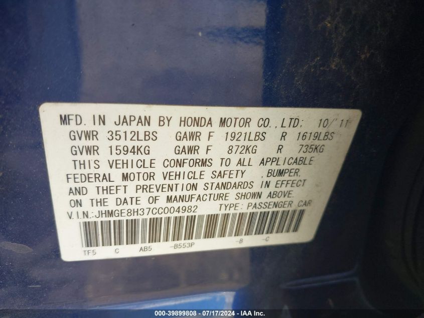 2012 Honda Fit VIN: JHMGE8H37CC004982 Lot: 39899808