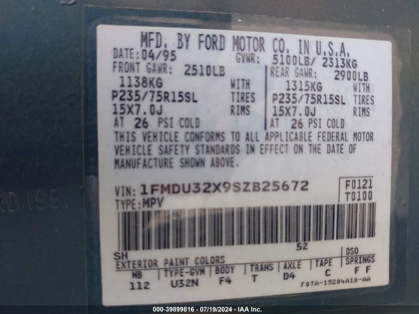 1995 Ford Explorer VIN: 1FMDU32X9SZB25672 Lot: 39899816