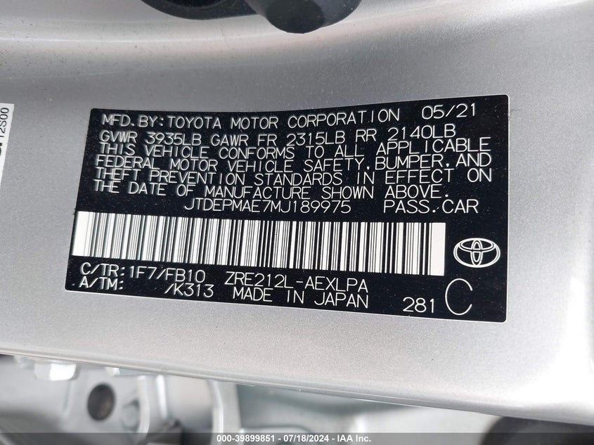 2021 TOYOTA COROLLA 1.8L I-4 DOHC, VVT, (VIN: JTDEPMAE7MJ189975
