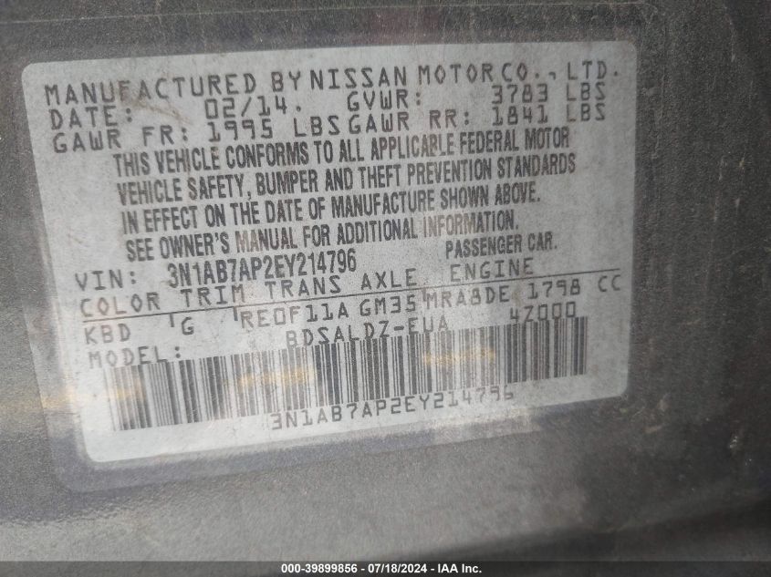 2014 Nissan Sentra Fe+ S/Fe+ Sv/S/Sl/Sr/Sv VIN: 3N1AB7AP2EY214796 Lot: 39899856