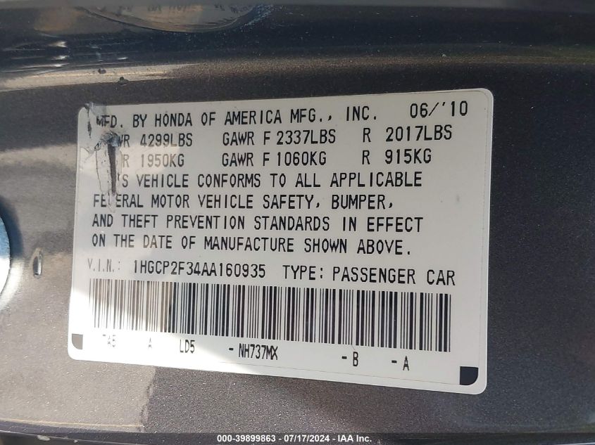 1HGCP2F34AA160935 | 2010 HONDA ACCORD