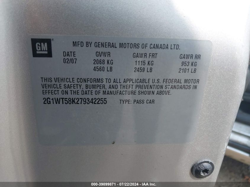 2007 Chevrolet Impala Lt VIN: 2G1WT58K279342255 Lot: 39899871