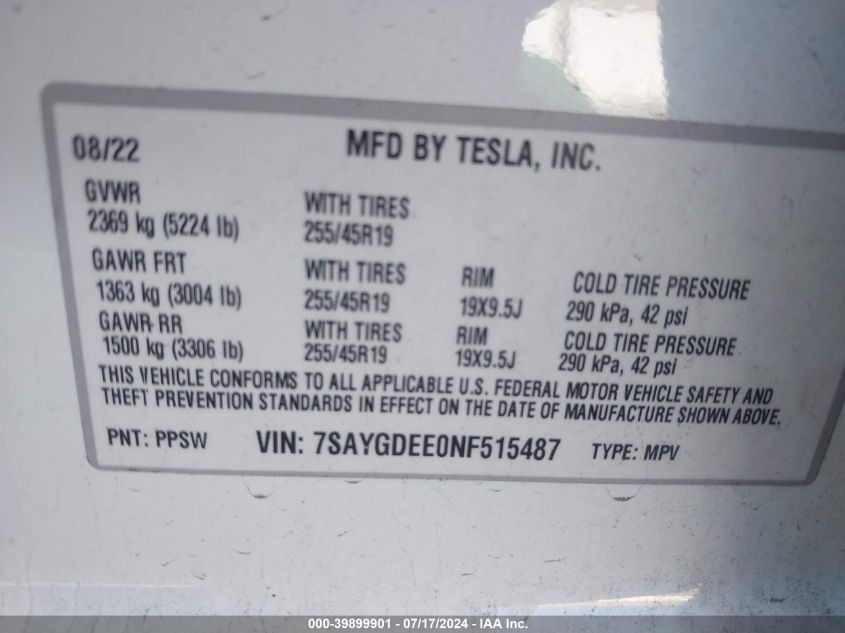 2022 Tesla Model Y Long Range Dual Motor All-Wheel Drive VIN: 7SAYGDEE0NF515487 Lot: 39899901