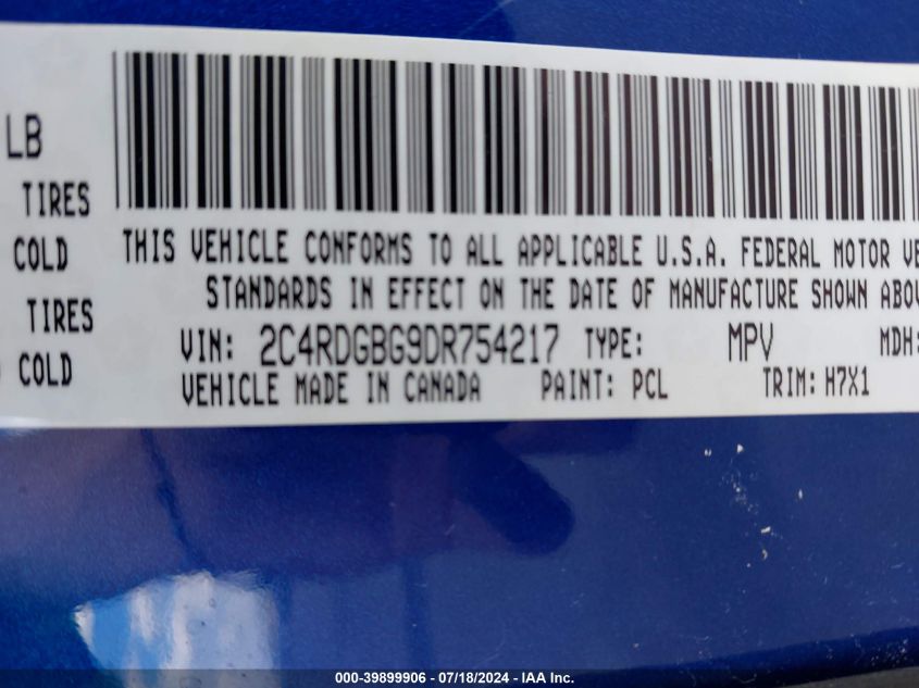 2013 Dodge Grand Caravan Se VIN: 2C4RDGBG9DR754217 Lot: 39899906