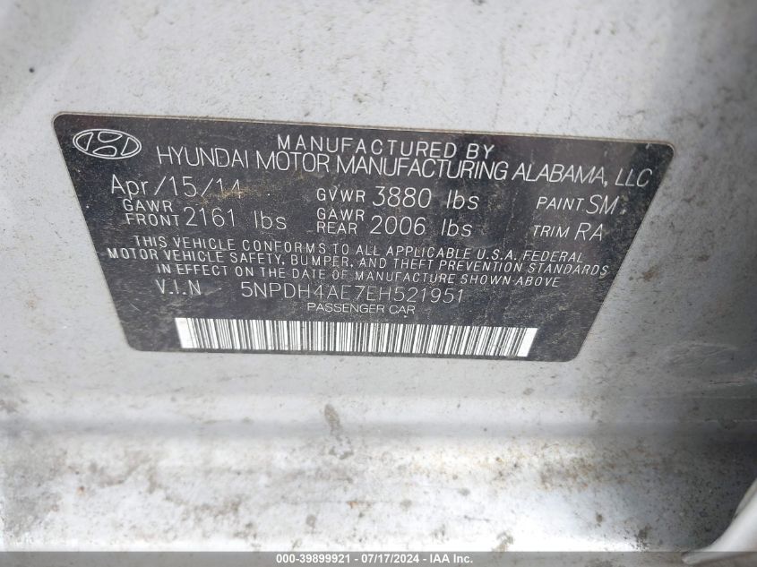 5NPDH4AE7EH521951 | 2014 HYUNDAI ELANTRA