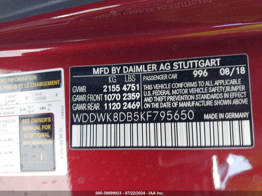 VIN WDDWK8DB5KF795650 2019 MERCEDES-BENZ C 300