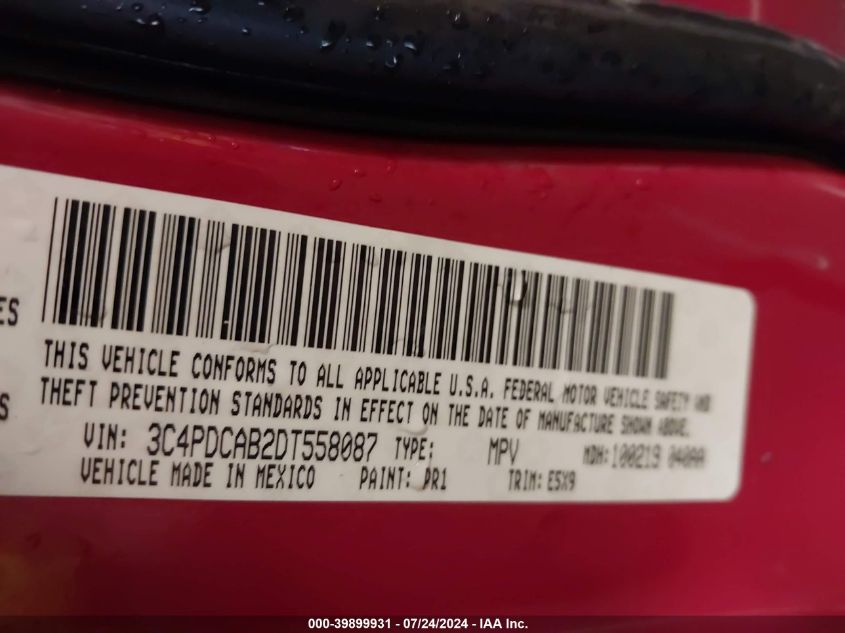 2013 Dodge Journey American Value Pkg VIN: 3C4PDCAB2DT558087 Lot: 39899931