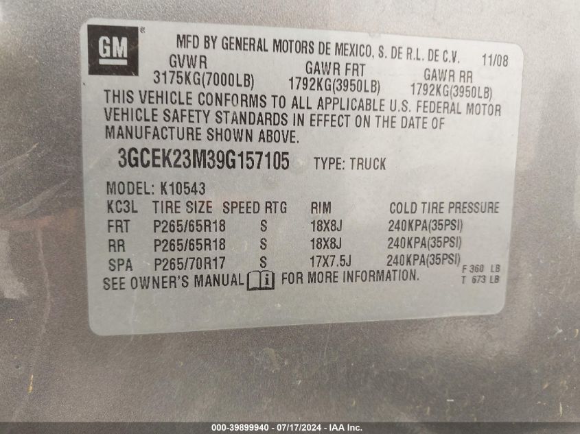 2009 Chevrolet Silverado 1500 Lt VIN: 3GCEK23M39G157105 Lot: 39899940