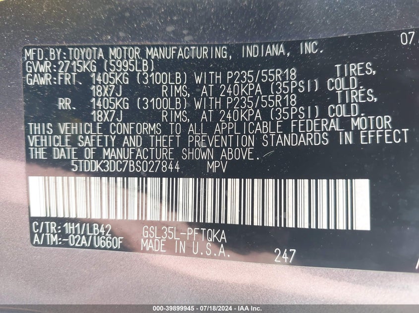 2011 Toyota Sienna Xle VIN: 5TDDK3DC7BS027844 Lot: 39899945