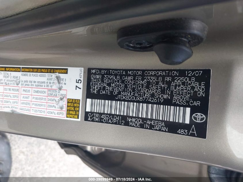 2008 Toyota Prius VIN: JTDKB20UX87742619 Lot: 39899949