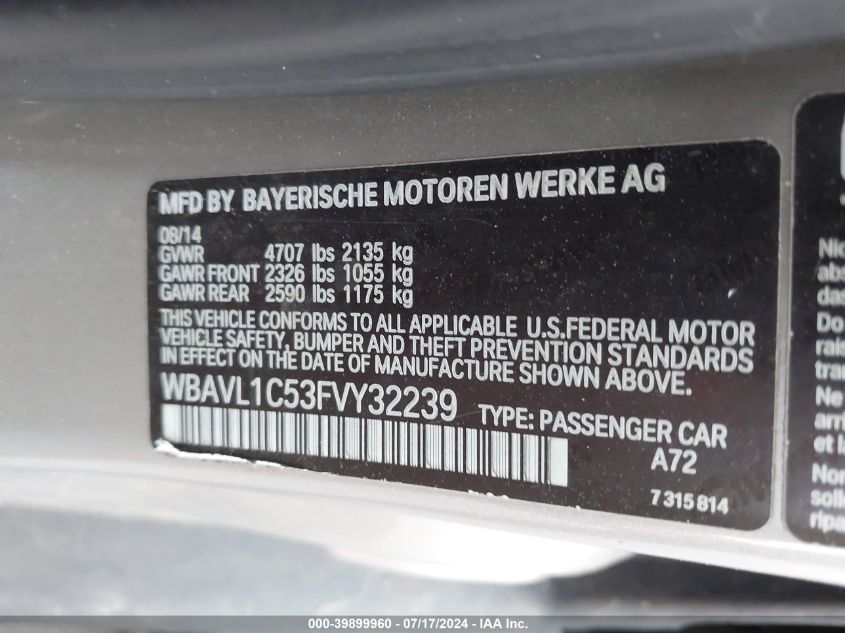 2015 BMW X1 xDrive28I VIN: WBAVL1C53FVY32239 Lot: 39899960