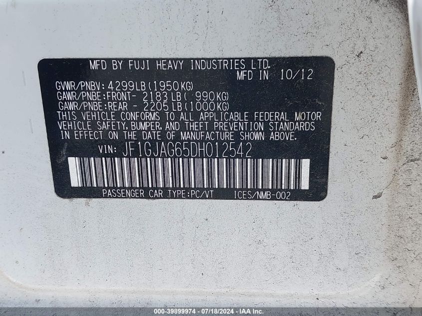 2013 Subaru Impreza 2.0I Limited VIN: JF1GJAG65DH012542 Lot: 39899974