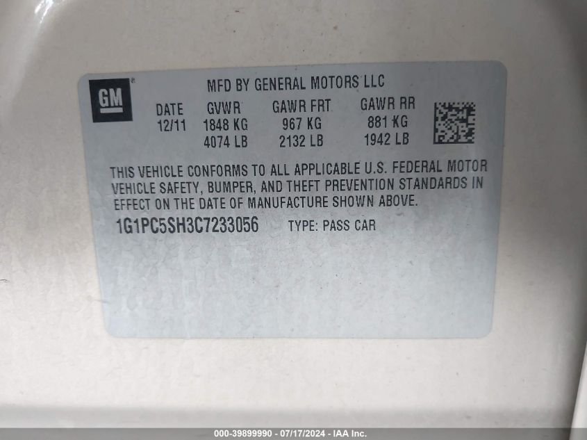 2012 Chevrolet Cruze Ls VIN: 1G1PC5SH3C7233056 Lot: 39899990