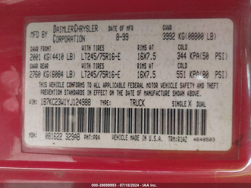 2000 Dodge Ram 2500 St VIN: 1B7KC23W1YJ124988 Lot: 39899993