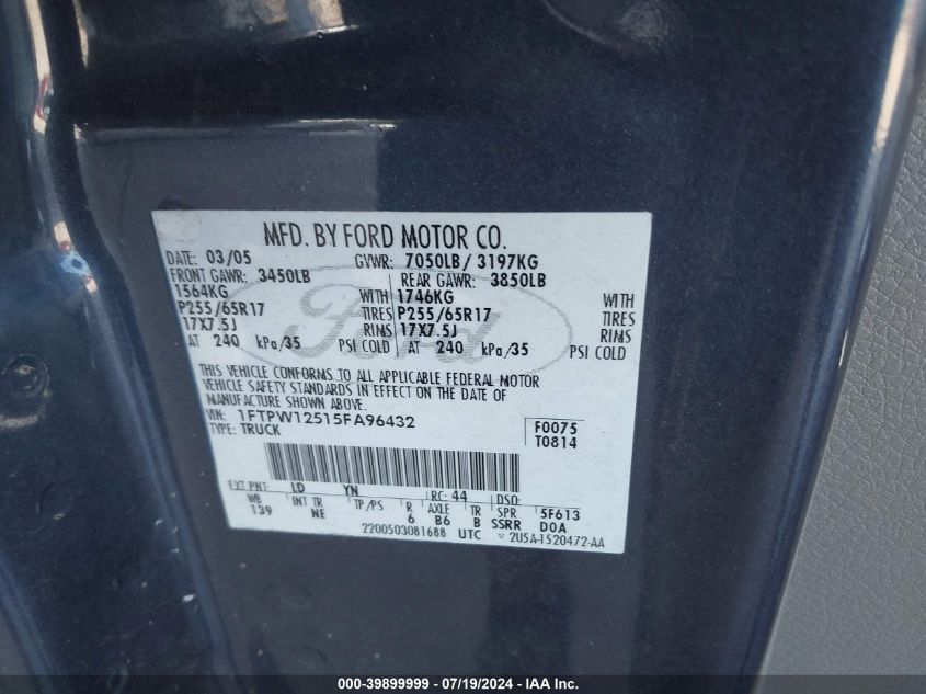 2005 Ford F150 Supercrew VIN: 1FTPW12515FA96432 Lot: 39899999