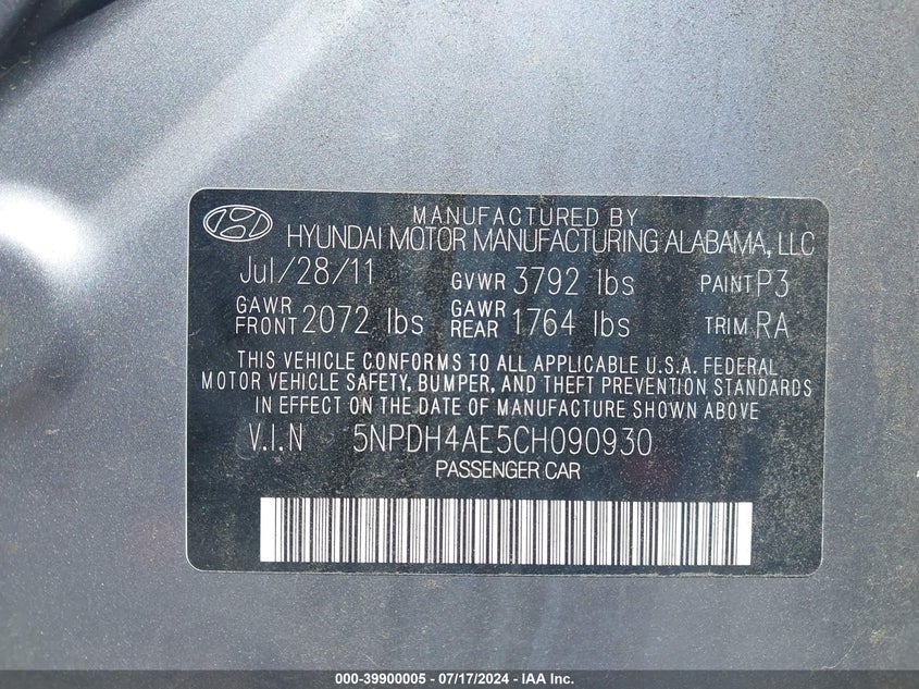 2012 Hyundai Elantra Limited VIN: 5NPDH4AE5CH090930 Lot: 39900005