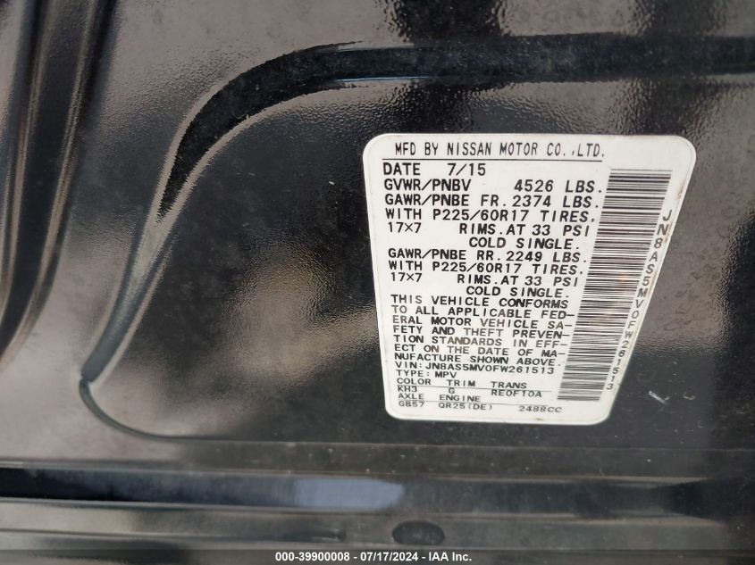 2015 Nissan Rogue Select S VIN: JN8AS5MV0FW261513 Lot: 39900008