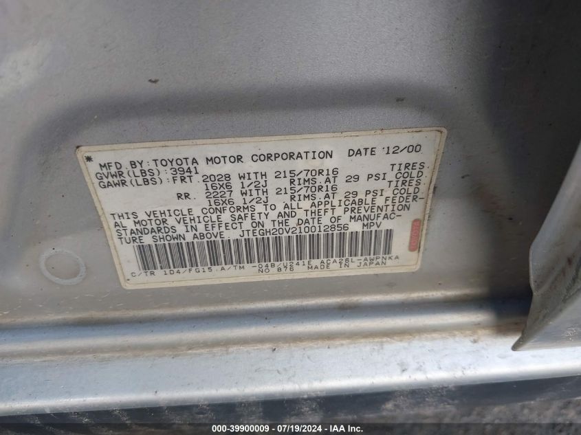 2001 Toyota Rav4 VIN: JTEGH20V210012856 Lot: 39900009