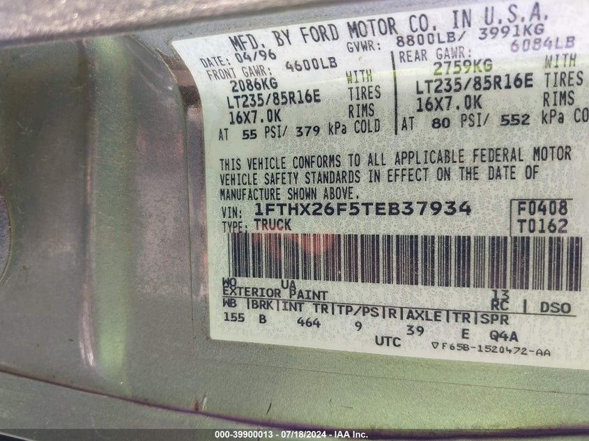1996 Ford F250 VIN: 1FTHX26F5TEB37934 Lot: 39900013