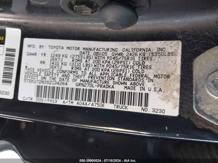 2005 Toyota Tacoma Prerunner V6 VIN: 5TEKU72N35Z134264 Lot: 39900024