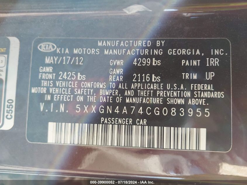 2012 Kia Optima Ex VIN: 5XXGN4A74CG083955 Lot: 39900052