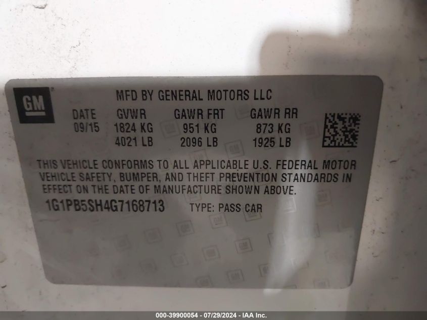 2016 Chevrolet Cruze Limited Ls Manual VIN: 1G1PB5SH4G7168713 Lot: 39900054