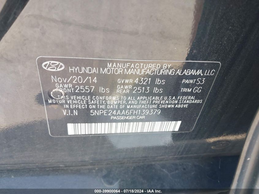 5NPE24AA6FH139379 | 2015 HYUNDAI SONATA