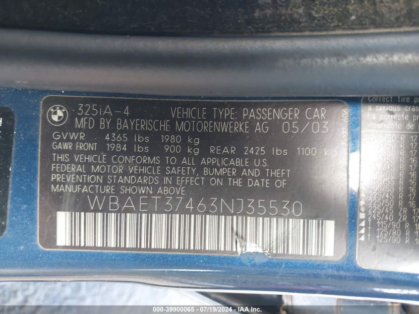 2003 BMW 3 Series 325I VIN: WBAET37463NJ35530 Lot: 39900065
