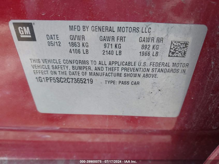 2012 Chevrolet Cruze 1Lt VIN: 1G1PF5SC2C7365219 Lot: 39900075