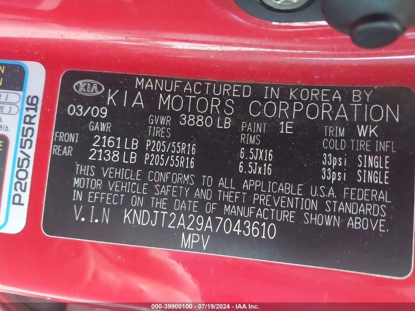 2010 Kia Soul +/!/Sport VIN: KNDJT2A29A7043610 Lot: 39900100