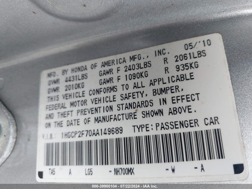 2010 Honda Accord 2.4 Ex VIN: 1HGCP2F70AA149689 Lot: 39900104