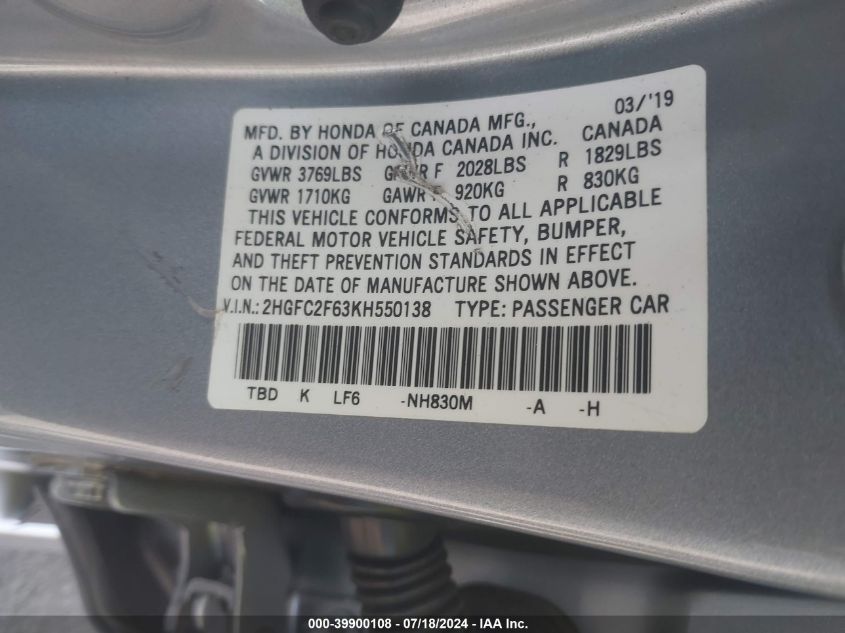 2019 Honda Civic Lx VIN: 2HGFC2F63KH550138 Lot: 39900108